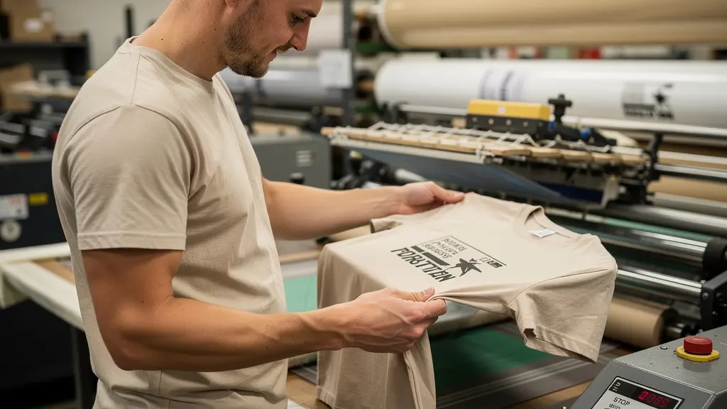 Technicien inspectant un t-shirt imprimé en sérigraphie dans un atelier textile