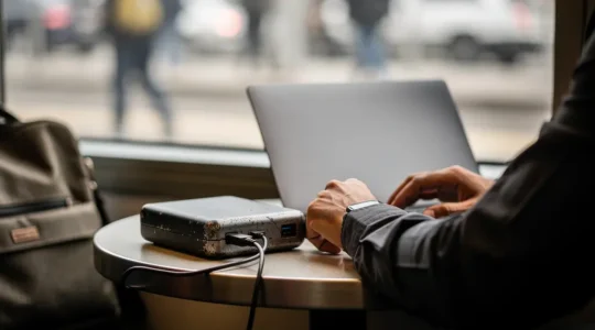 Batterie externe USB-C posée à côté d’un ordinateur portable fermé dans un contexte de déplacement, avec lumière naturelle et espace vide pour une mise en page.
