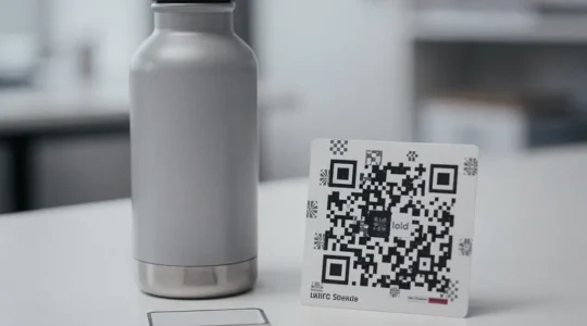 Objets promotionnels connectés posés sur un bureau (gourde neutre, pastille NFC, motif type code 2D non lisible), évoquant le lien entre support physique et trafic web.