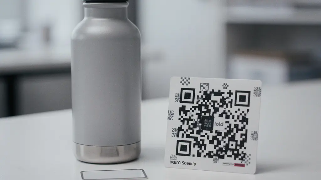 Objets promotionnels connectés posés sur un bureau (gourde neutre, pastille NFC, motif type code 2D non lisible), évoquant le lien entre support physique et trafic web.