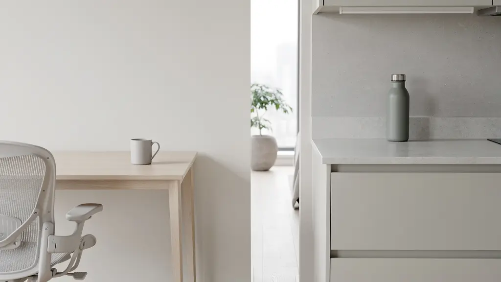Vue large d'un intérieur minimaliste avec un bureau et une cuisine en arrière-plan, où des objets du quotidien neutres restent visibles dans les deux zones.
