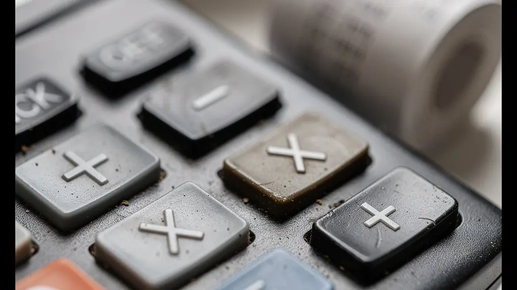 Vue macro d'une calculatrice professionnelle avec factures et justificatifs de cadeaux d'entreprise