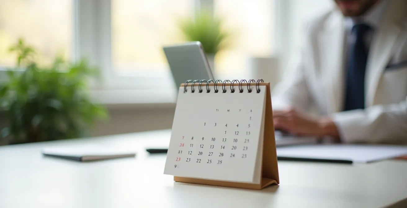 Calendrier épuré sur bureau minimaliste avec main floue en mouvement suggérant l'interaction quotidienne