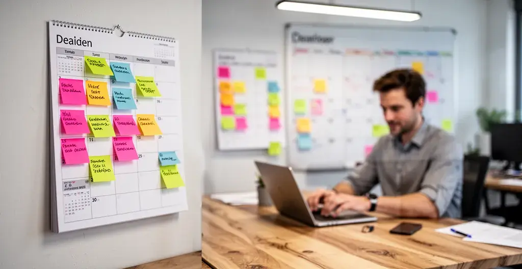 Planning mural avec post-its pour gestion des délais de commande goodies
