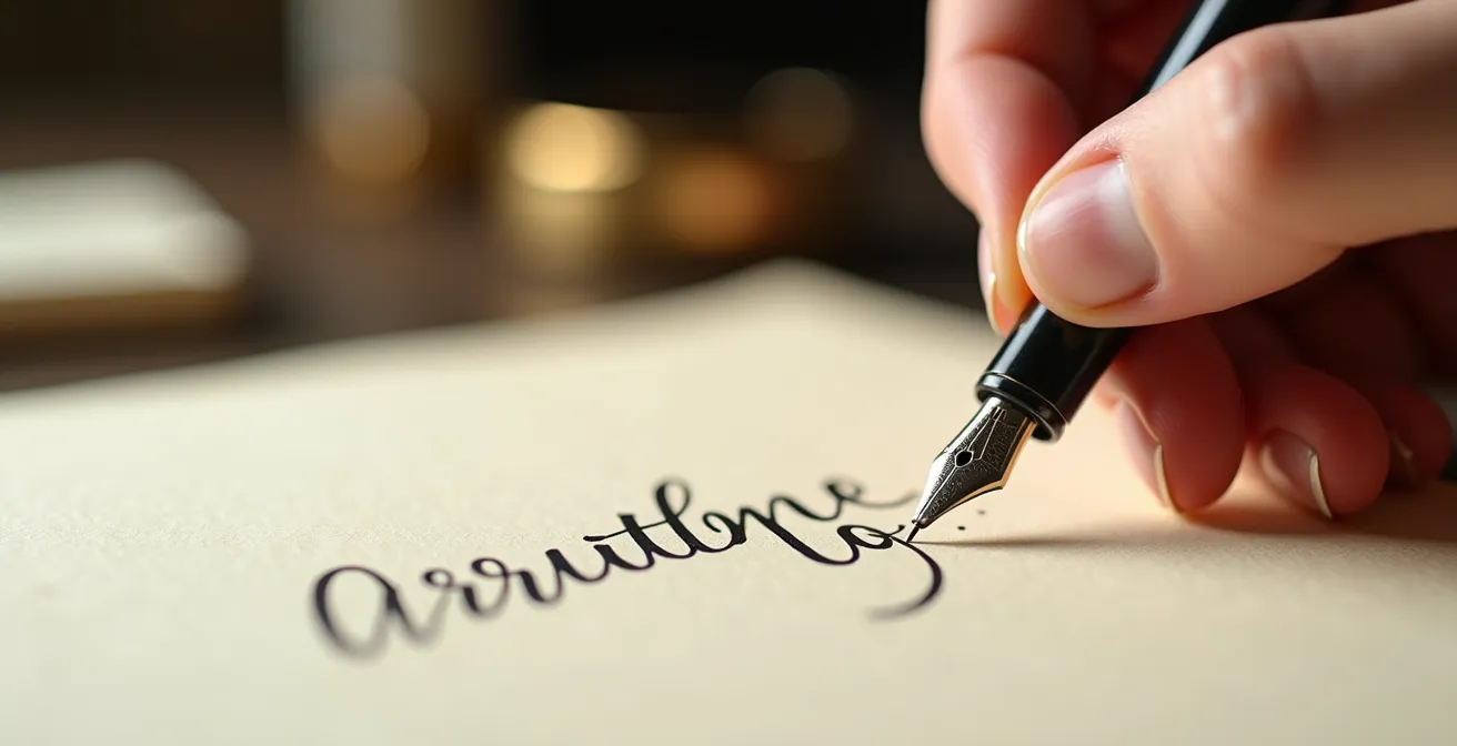 Gros plan sur une main tenant un stylo plume écrivant sur une carte de vœux élégante