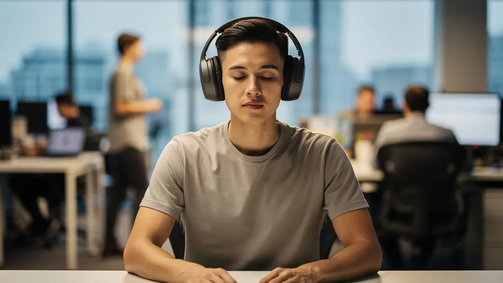 Collaborateur portant un casque dans un open-space lumineux, créant visuellement une bulle de silence et de concentration autour de lui