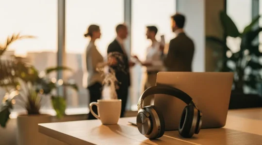 Espace de travail en open space moderne avec un casque circum-auriculaire posé sur un bureau épuré, baigné de lumière naturelle, symbolisant l'équilibre entre isolation sonore et collaboration.