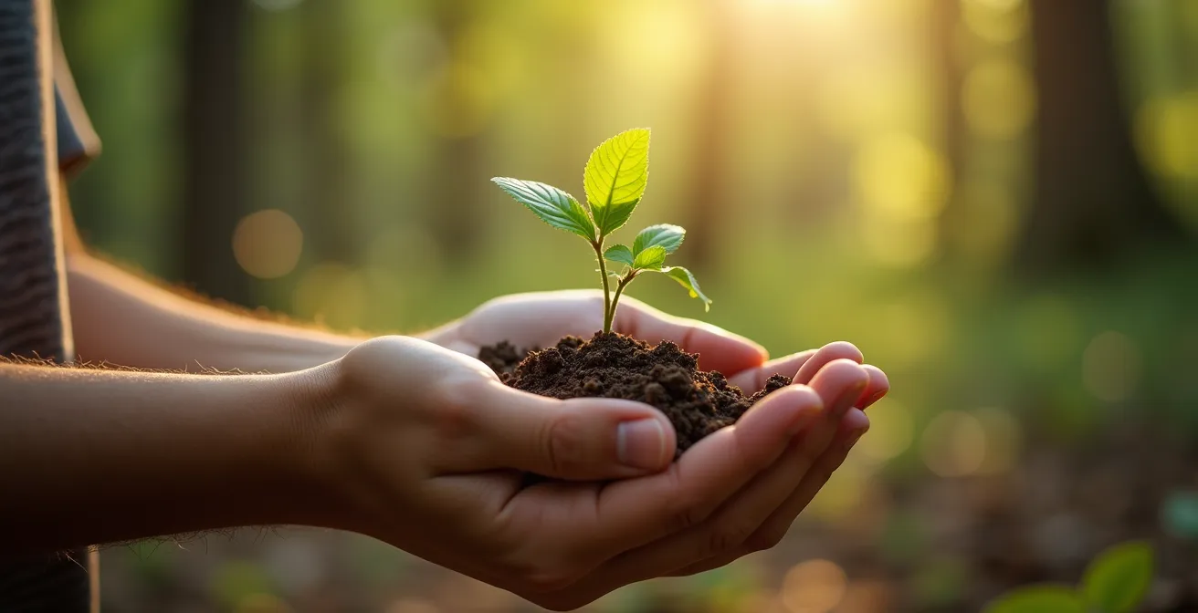 Mains tenant délicatement une jeune pousse d'arbre avec arrière-plan de forêt floue