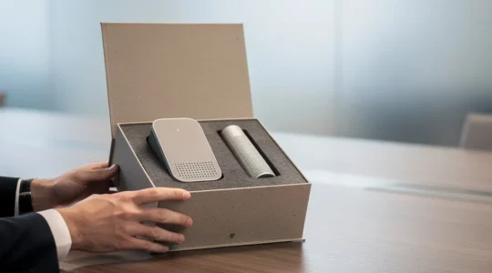 Cadeau high-tech premium présenté avec soin sur une table de réunion, dans un environnement de bureau moderne et haut de gamme.