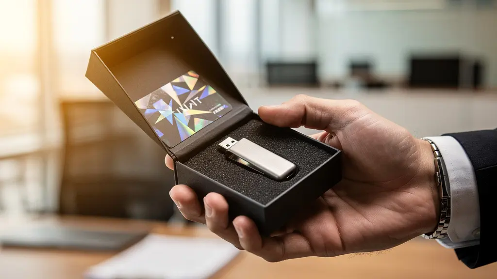 Coffret premium ouvert contenant une clé USB métallique sécurisée avec certificat d'authenticité holographique pour cadre dirigeant