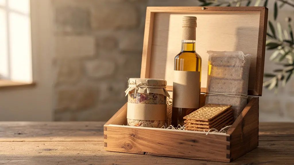 Vue d'ensemble élégante d'un coffret cadeau en bois ouvert sur une table rustique, révélant des produits du terroir français sans marque visible.