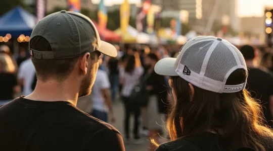 Comparaison entre une casquette baseball et une trucker en extérieur avec logo brodé