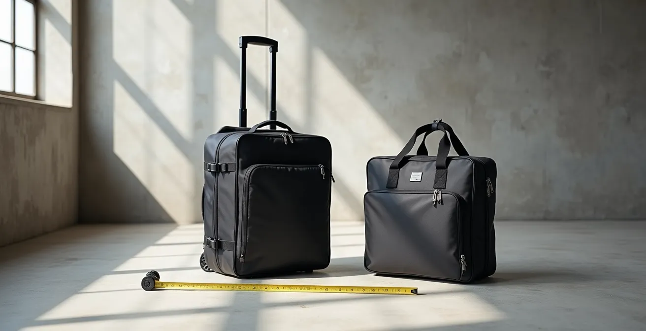 Comparaison visuelle d'un stand parapluie et d'un cadre tissu repliés dans leurs sacs de transport