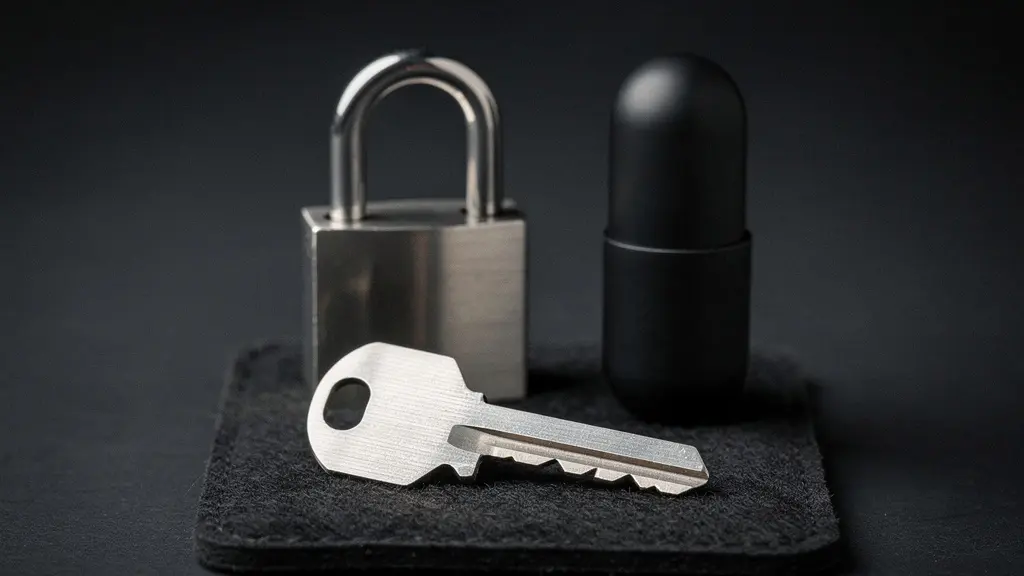 Mise en scène symbolique de la confidentialité : objet métallique verrouillé et accessoire de sécurité, sans logo ni texte, dans une lumière dramatique.