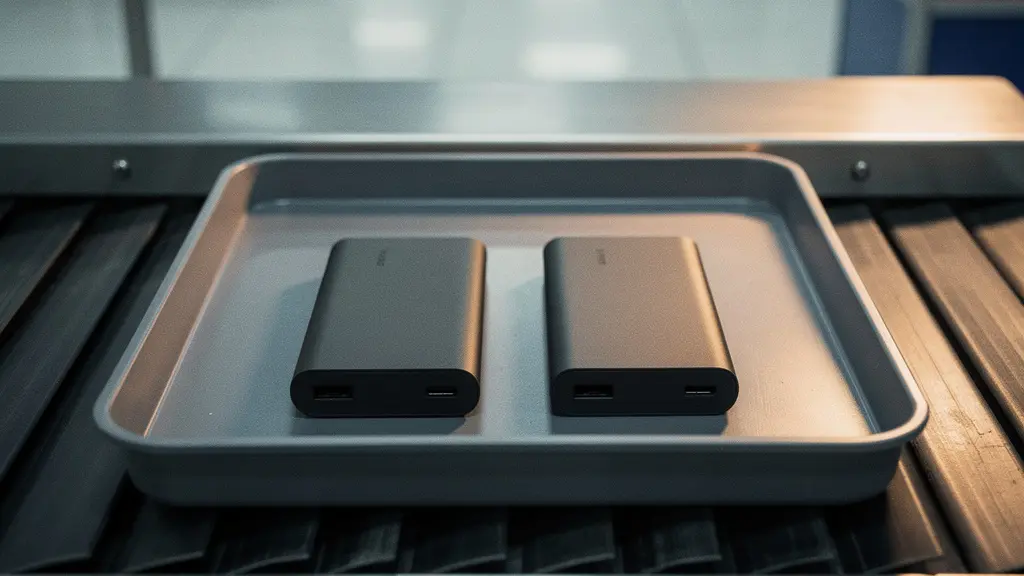 Plateau de contrôle aéroportuaire avec deux batteries externes sans marque, suggérant une limite de capacité à ne pas dépasser pour voyager.