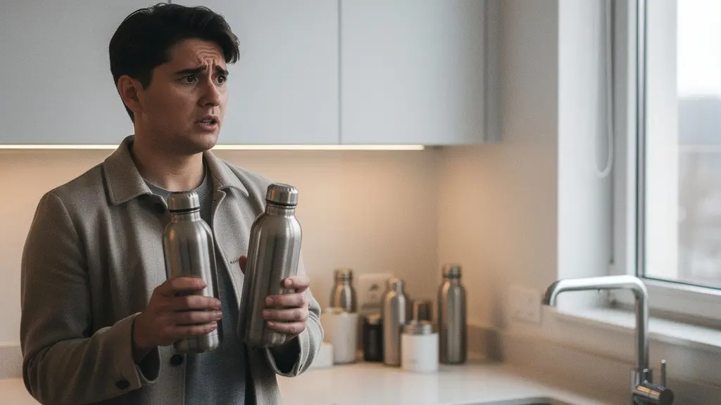 Une personne dans une cuisine de bureau tient deux gourdes similaires et cherche laquelle lui appartient, illustrant la nécessité d'un marquage clair.