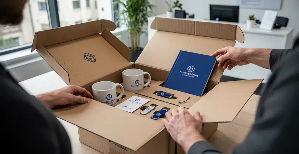 Déballage d'une livraison d'objets publicitaires personnalisés au bureau