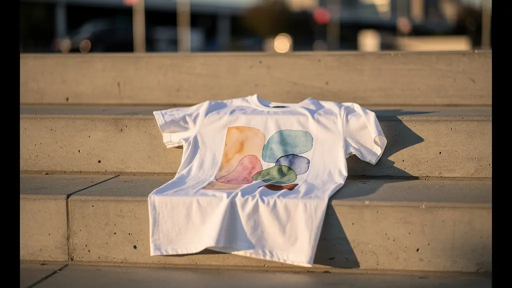 T-shirt blanc avec un design artistique et subtil, posé dans un décor urbain moderne.