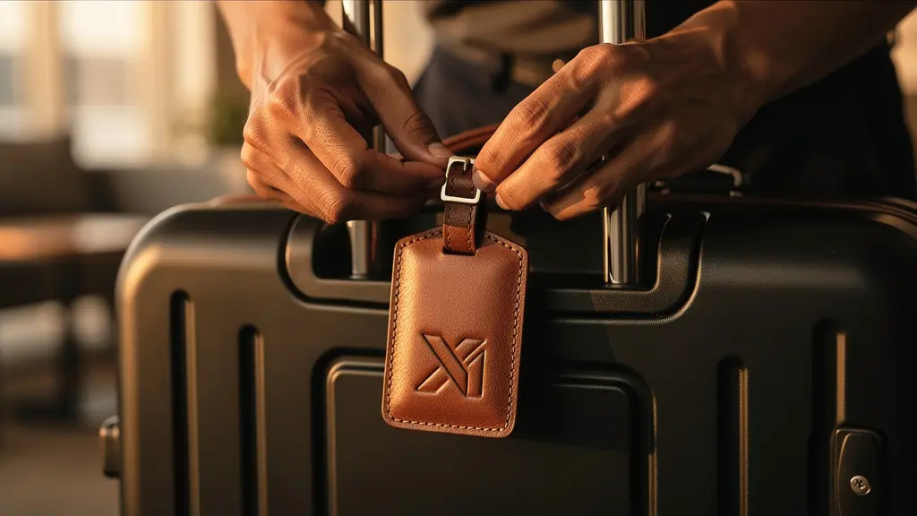 Gros plan sur une main attachant une étiquette de bagage en cuir élégante sur une poignée de valise.