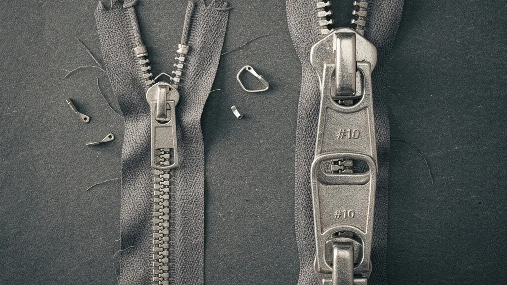 Gros plan sur une fermeture éclair robuste de sac professionnel, montrant les dents métalliques imbriquées et le curseur de haute qualité.