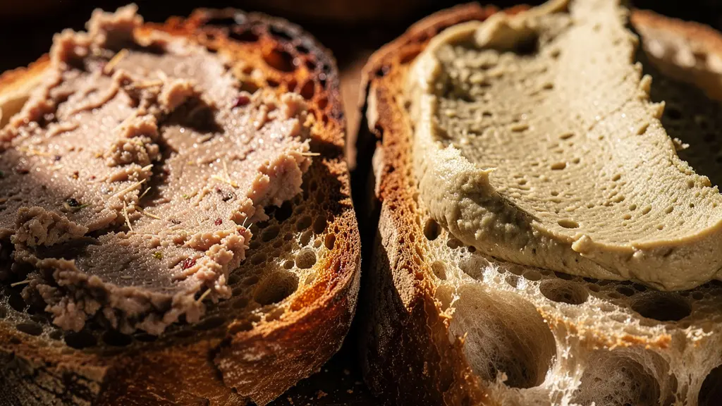 Plan rapproché artistique montrant la texture comparée d'une terrine traditionnelle et d'une alternative végétale sur du pain artisanal.