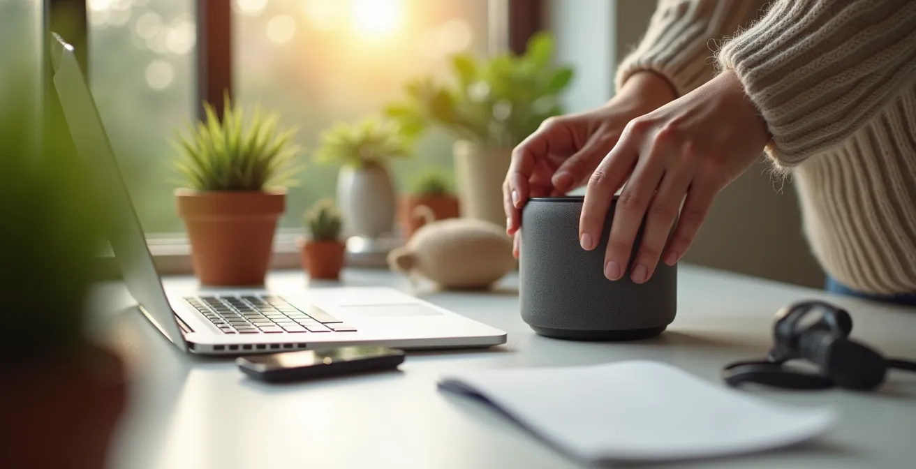 Petite enceinte élégante diffusant des sons de nature sur un bureau moderne avec plantes vertes
