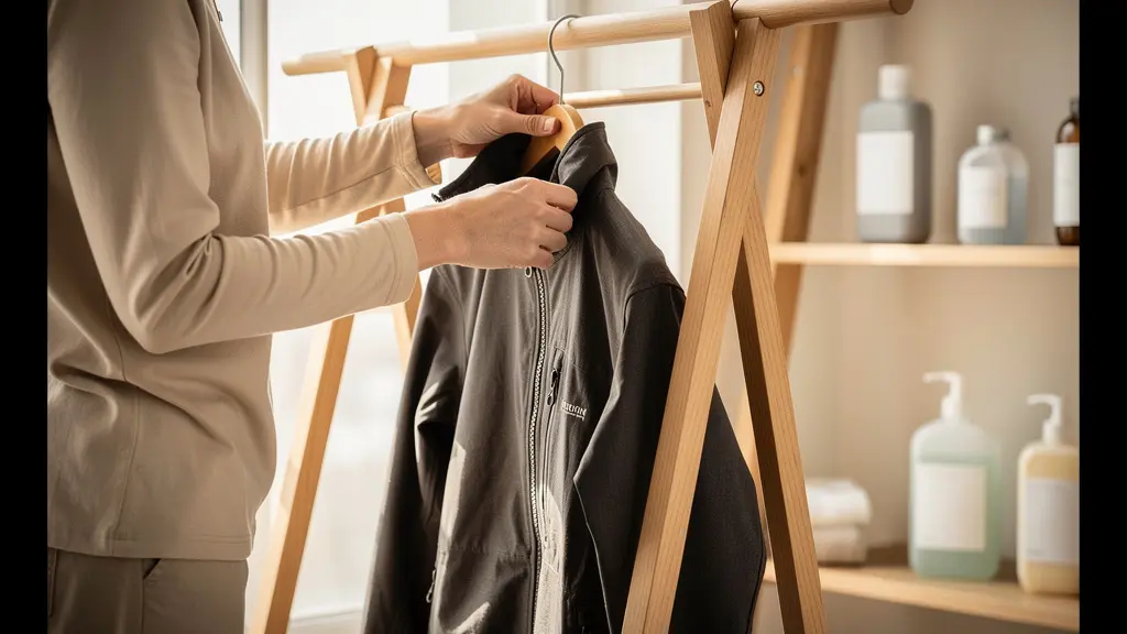 Scène minimaliste d'entretien de vêtements techniques dans un environnement domestique moderne