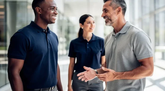 Équipe de commerciaux portant des polos brodés dans un environnement professionnel moderne