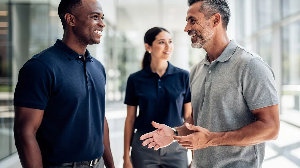 Équipe de commerciaux portant des polos brodés dans un environnement professionnel moderne