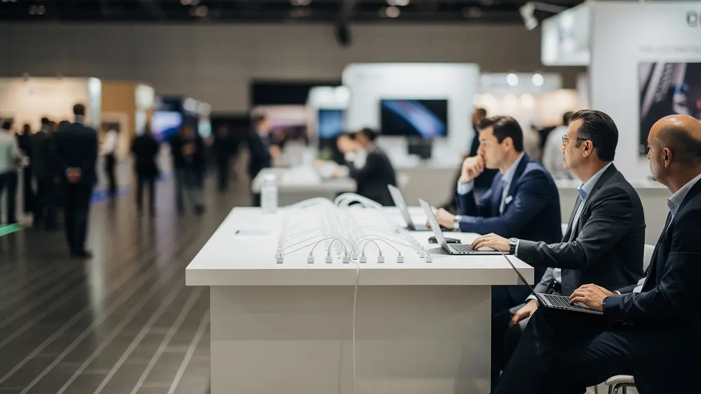 Espace minimaliste sur un salon professionnel avec une station de charge USB-C sans marque et des participants qui attendent près d'un comptoir.