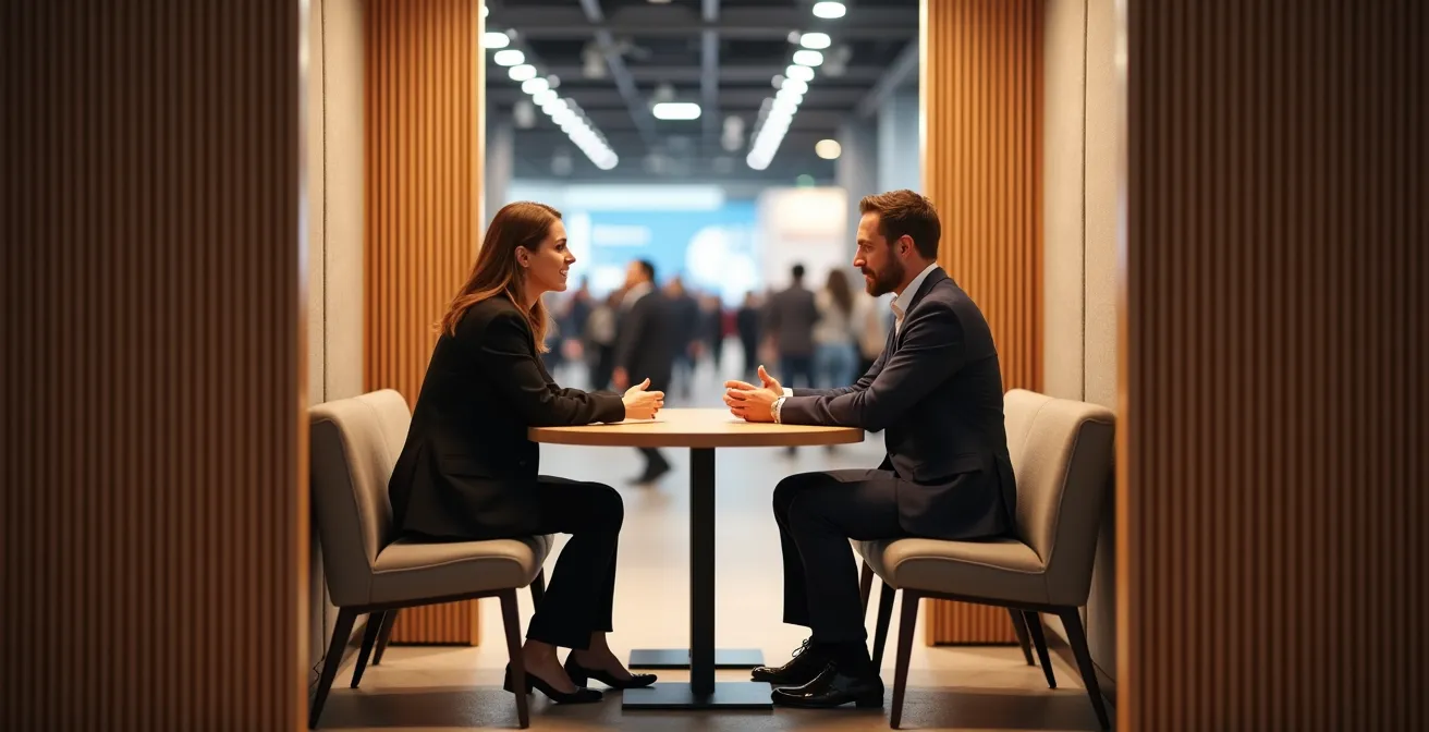 Espace VIP avec cloisons en bois ajourées créant une zone privée dans un stand d'exposition