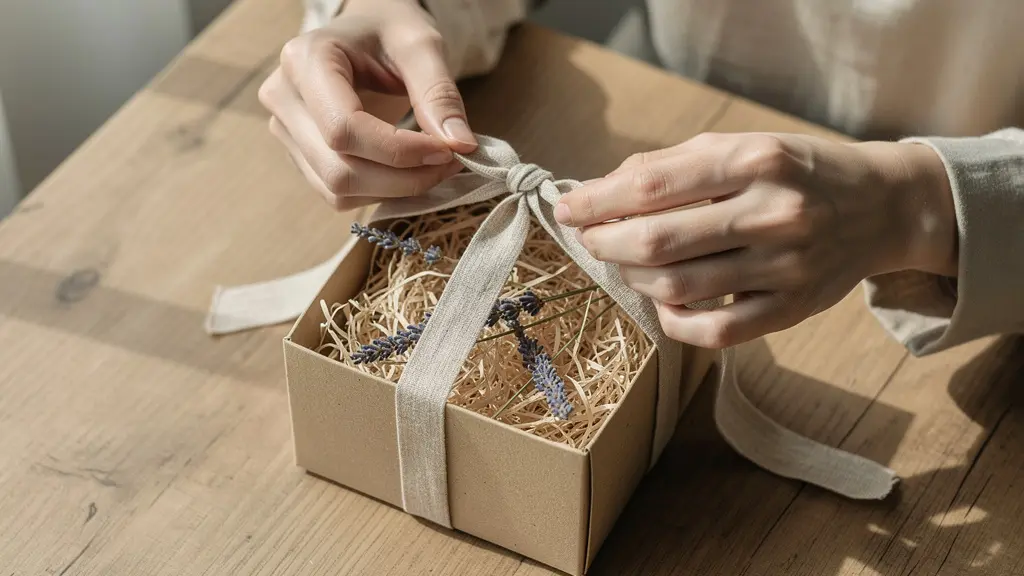 Mise en scène minimaliste de l'ouverture d'un coffret cadeau utilisant des matériaux naturels comme le bois et le lin.