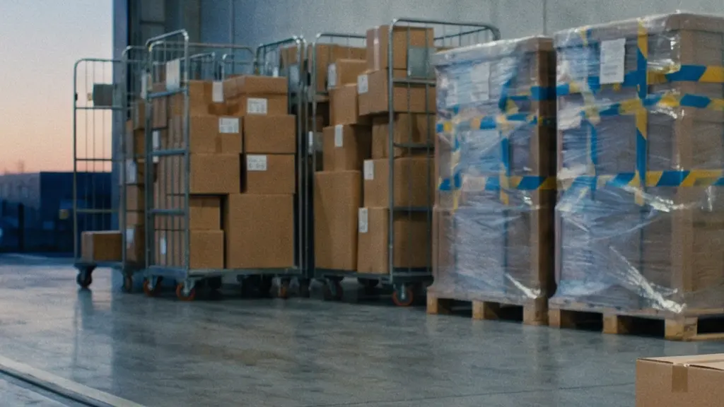 Quai de livraison saturé avec colis et palettes neutres en attente, illustrant la congestion logistique autour du Black Friday, sans aucun texte.