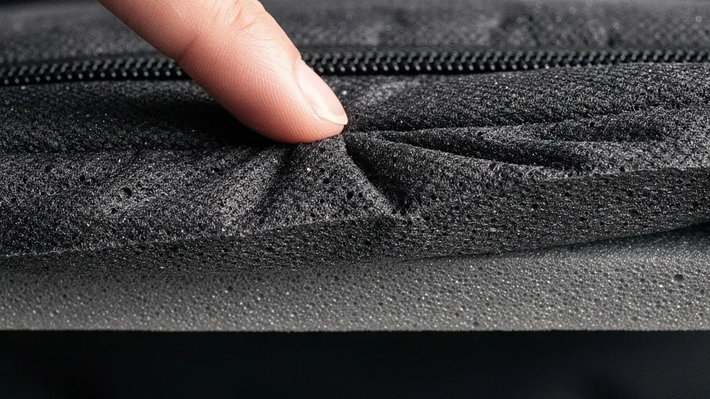 Vue macro d'une mousse à mémoire de forme épaisse dans un compartiment de sac à dos, montrant les textures d'absorption des chocs protégeant un ordinateur portable.