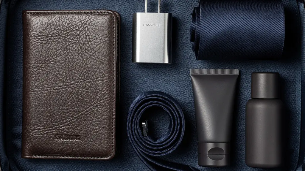 Vue en plongée d'une valise ouverte contenant des essentiels de voyage d'affaires soigneusement rangés.