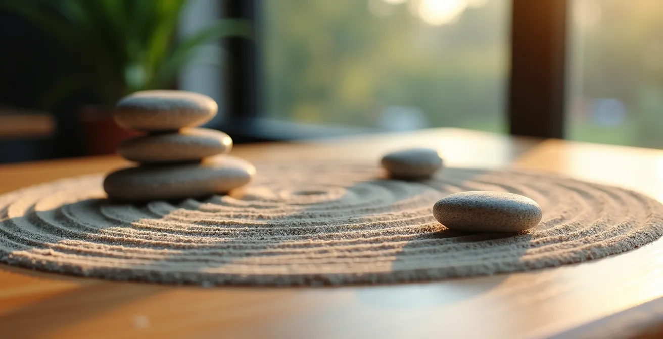 Gros plan sur un jardin zen miniature avec pierres lisses et sable ratissé sur un bureau en bois
