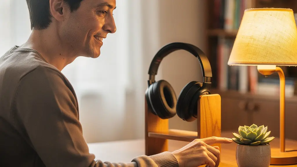 Composition soignée d'objets de bien-être au travail disposés sur un bureau clair : casque audio, plante verte et lampe de bureau, illustrant un kit professionnel respectueux et non intrusif.
