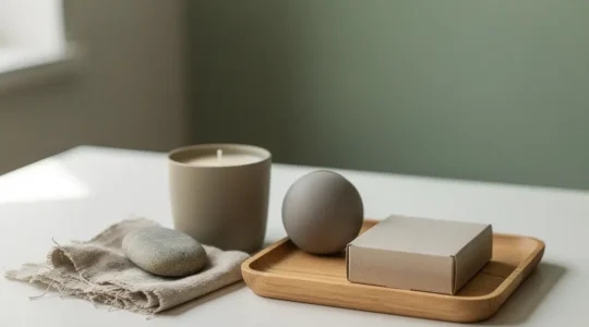 Un kit bien-être discret et non marqué posé sur un bureau, avec des objets neutres et un grand espace vide pour une mise en page éditoriale.