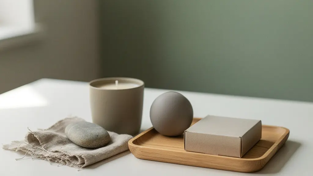 Un kit bien-être discret et non marqué posé sur un bureau, avec des objets neutres et un grand espace vide pour une mise en page éditoriale.