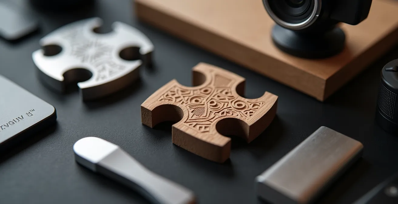 Kit créatif avec puzzle en bois, gadget métallique à assembler et support webcam design sur surface mate