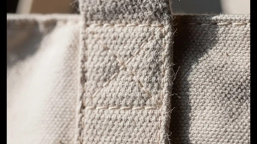 Vue macroscopique détaillée de la couture en croix renforcée fixant l'anse d'un tote bag en toile épaisse.