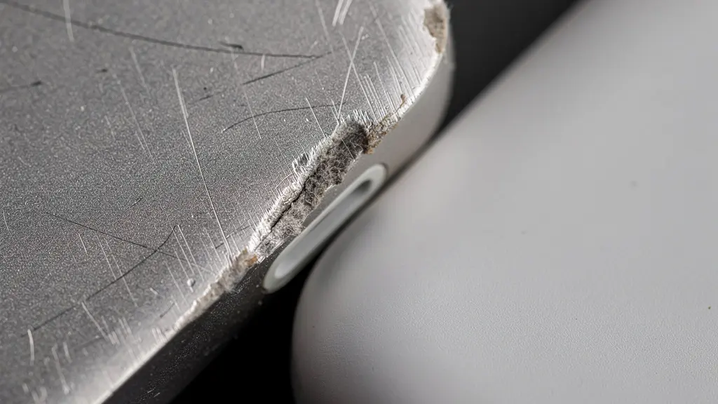 Gros plan de surfaces en aluminium et plastique marquées sans logo, montrant des micro-rayures et l'usure due aux frottements dans un sac.