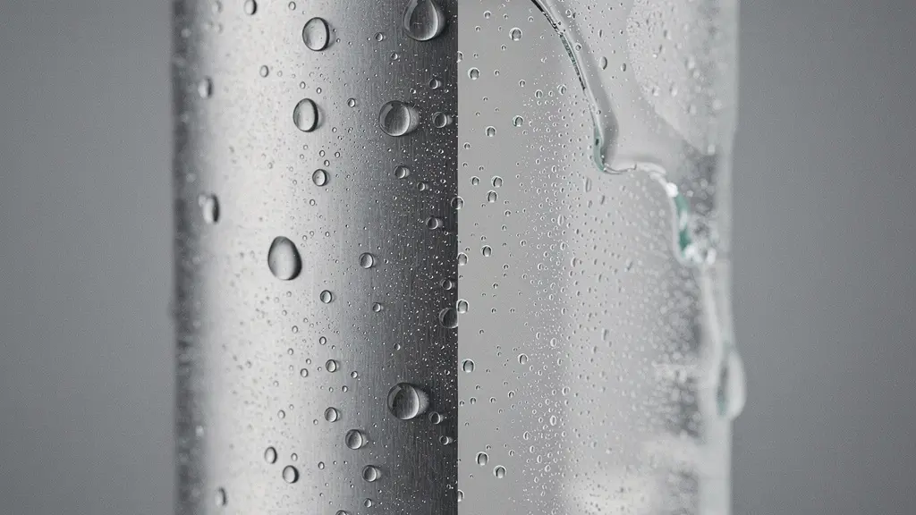 Gros plan des textures d'une gourde en inox brossé et d'une gourde en verre avec des gouttes d'eau, pour illustrer la neutralité du goût.