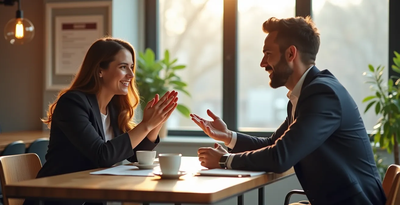 Professionnels en discussion autour de mange-debouts dans un espace ouvert de salon