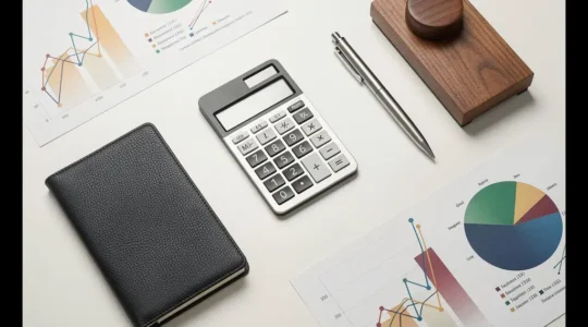 Cadre dirigeant analysant des indicateurs de performance avec calculatrice et objets cadeaux sur bureau moderne