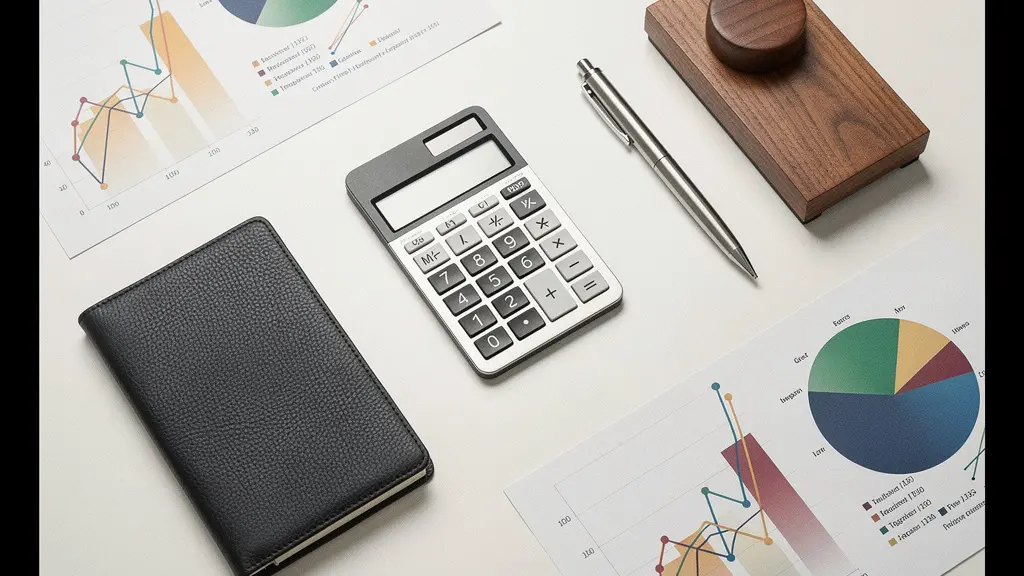 Cadre dirigeant analysant des indicateurs de performance avec calculatrice et objets cadeaux sur bureau moderne