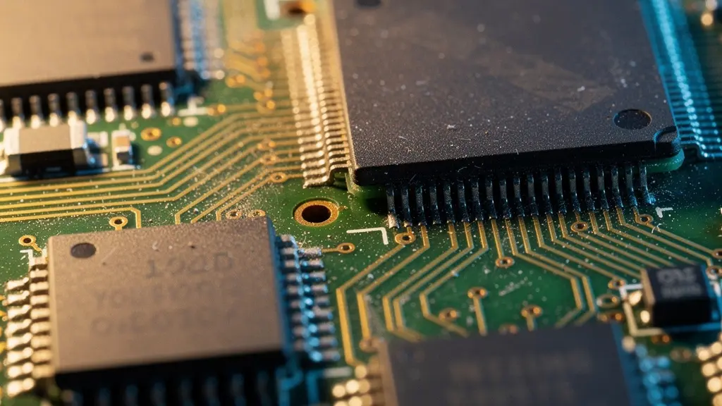 Vue macro extrême d'un micro-contrôleur de clé USB révélant les circuits imprimés et la vulnérabilité matérielle