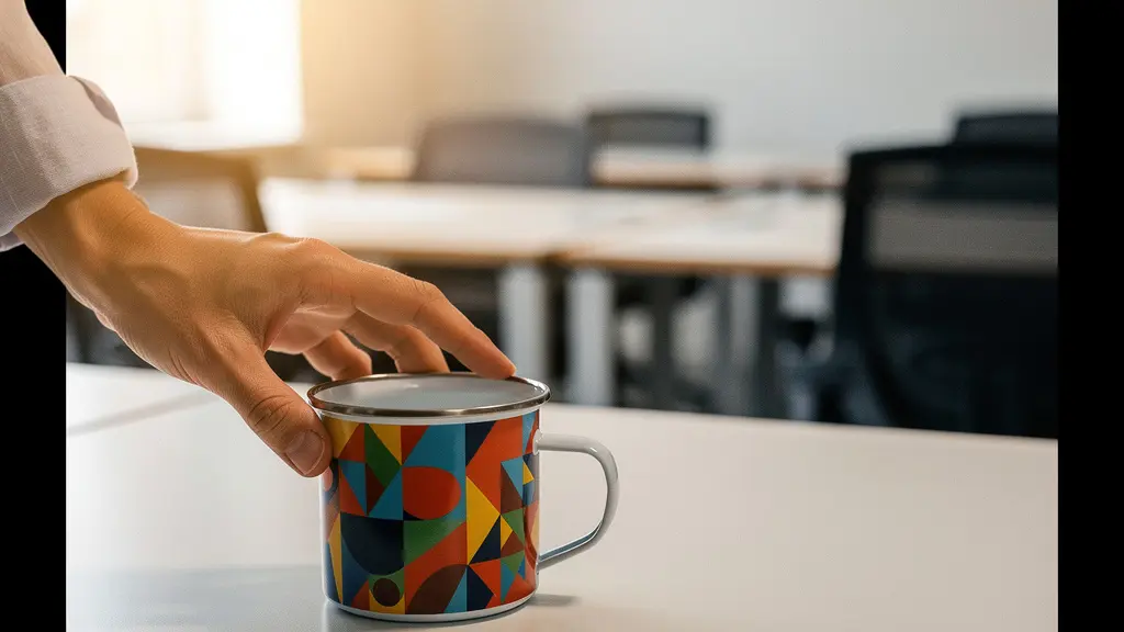 Un mug personnalisé posé sur un bureau épuré en flex office, symbolisant le marquage territorial et le sentiment d'appartenance dans un espace de travail partagé