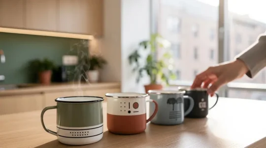 Mugs personnalisés alignés sur un plan de travail de bureau baigné de lumière naturelle, symbolisant la cohésion d'équipe autour de la pause café