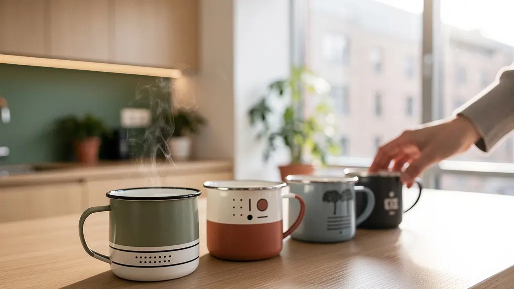 Mugs personnalisés alignés sur un plan de travail de bureau baigné de lumière naturelle, symbolisant la cohésion d'équipe autour de la pause café